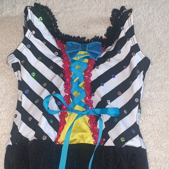 Dansco Leotard MC Black & White w/ Pink Sequin Trim Blue Ribbon EUC Dance - Picture 3 of 14